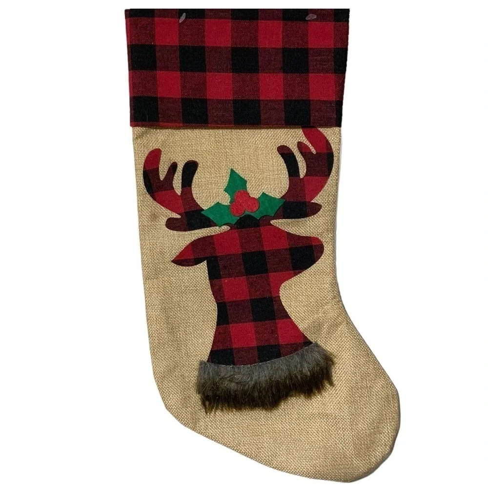 Christmas Stockings Reindeer Moose Holiday Buffalo Check Plaid 17 in 2 Piece Set